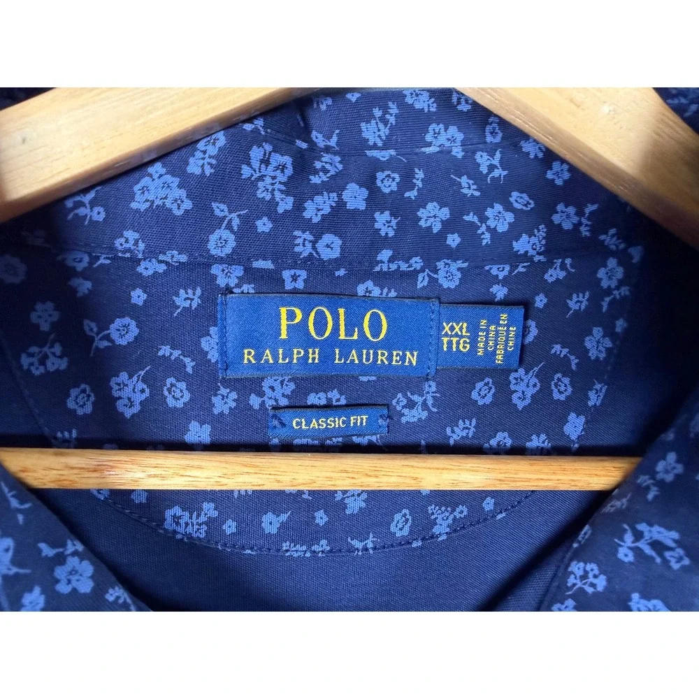 Polo Ralph Lauren Mens XXL Navy Blue Floral Print Cotton Classic Fit Polo Shirt